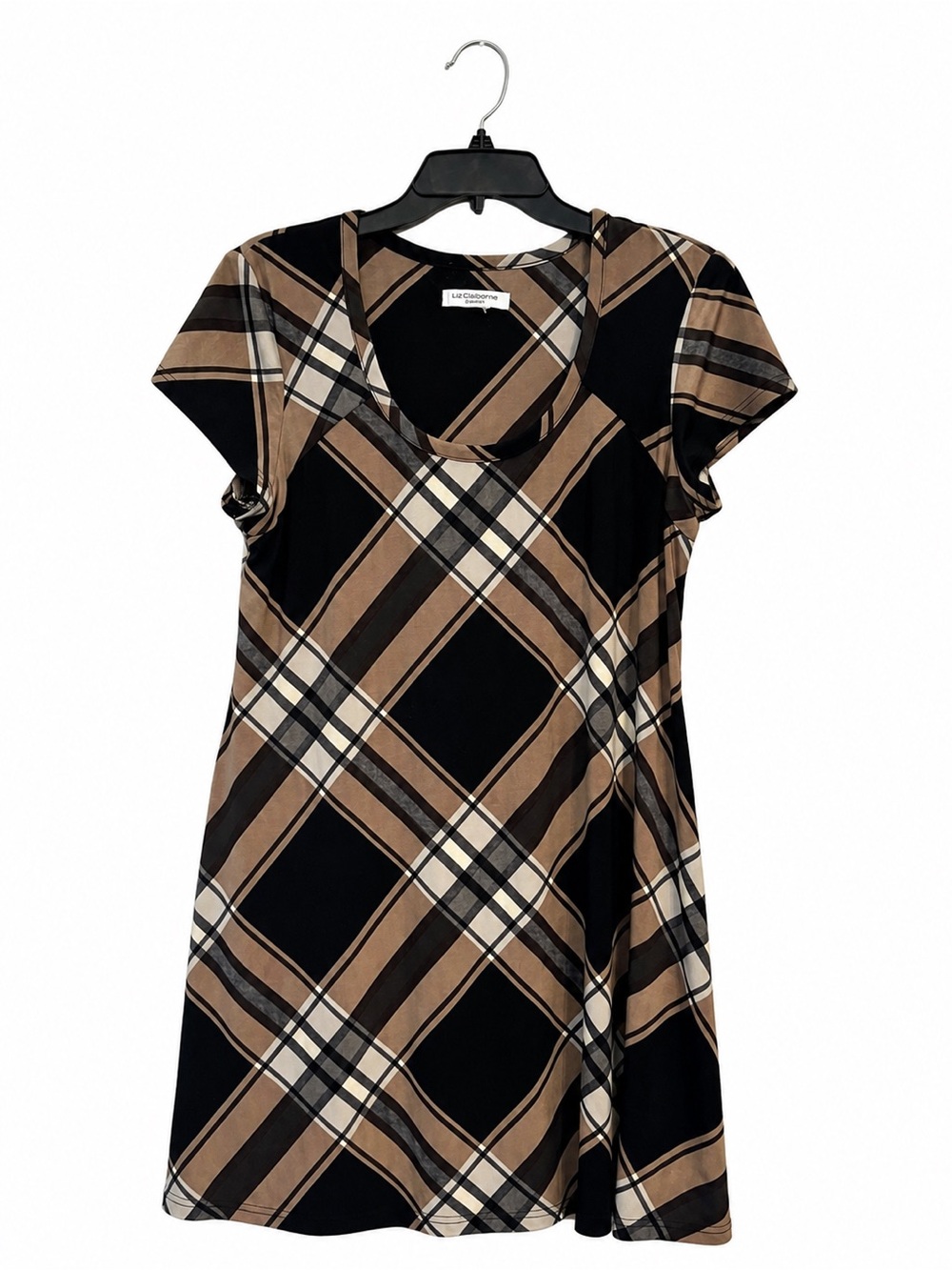 Liz Claiborne Plaid Dress Petite Large Black Beige Shift Career Casual